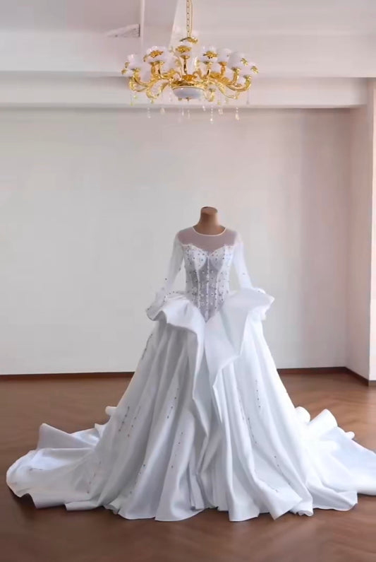 Sheer Scoop Neck Long Sleeve Sweetheart Bodice Multi Beaded Sculpted Waistline Bridal Gown