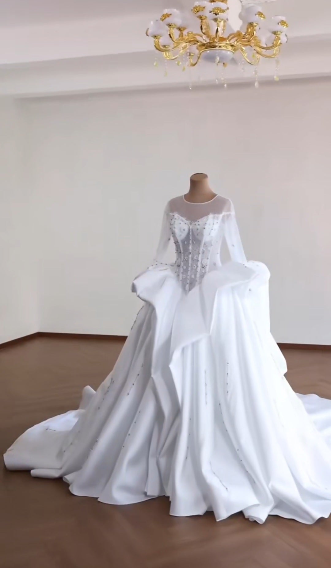 Sheer Scoop Neck Long Sleeve Sweetheart Bodice Multi Beaded Sculpted Waistline Bridal Gown