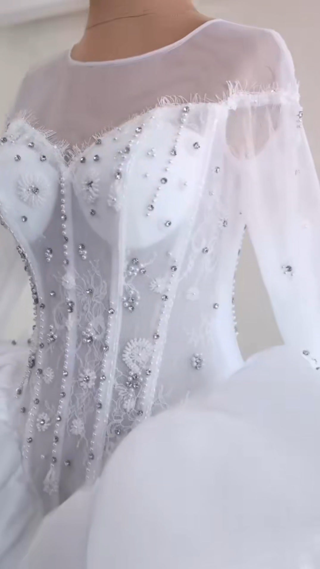 Sheer Scoop Neck Long Sleeve Sweetheart Bodice Multi Beaded Sculpted Waistline Bridal Gown
