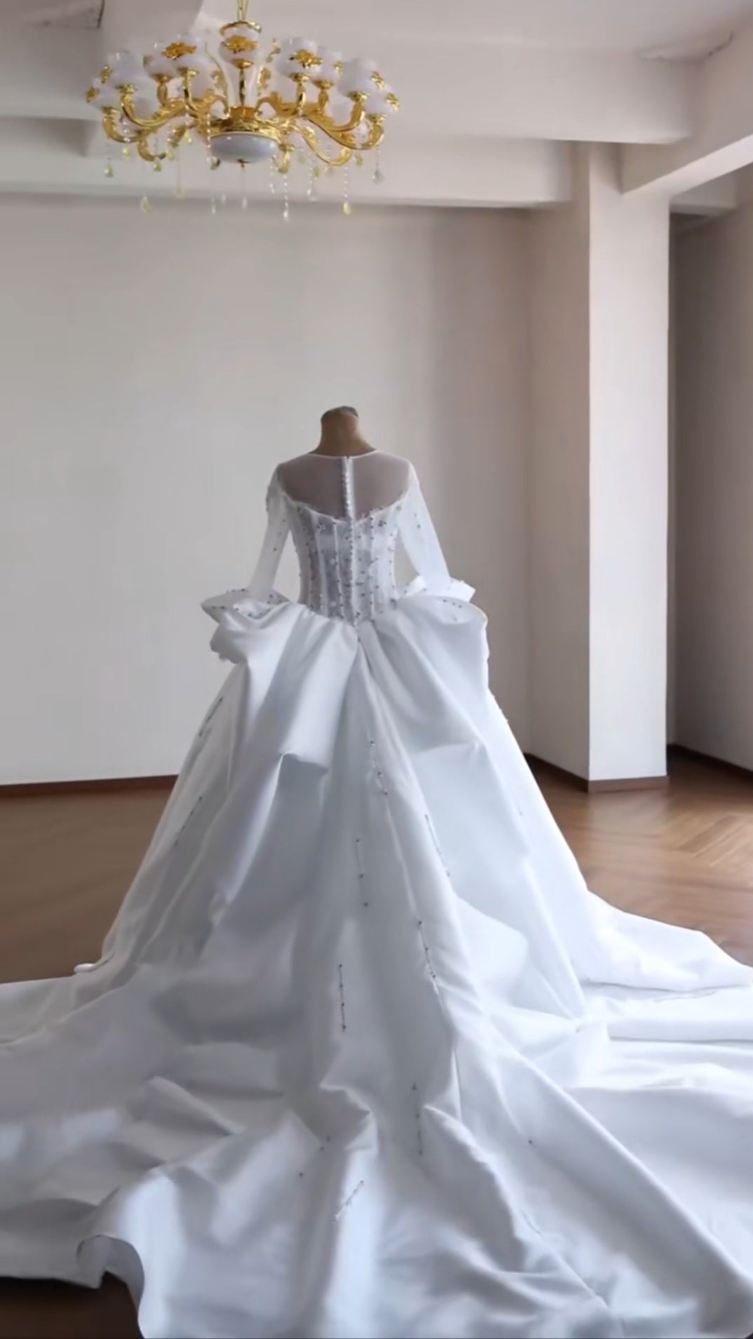 Sheer Scoop Neck Long Sleeve Sweetheart Bodice Multi Beaded Sculpted Waistline Bridal Gown