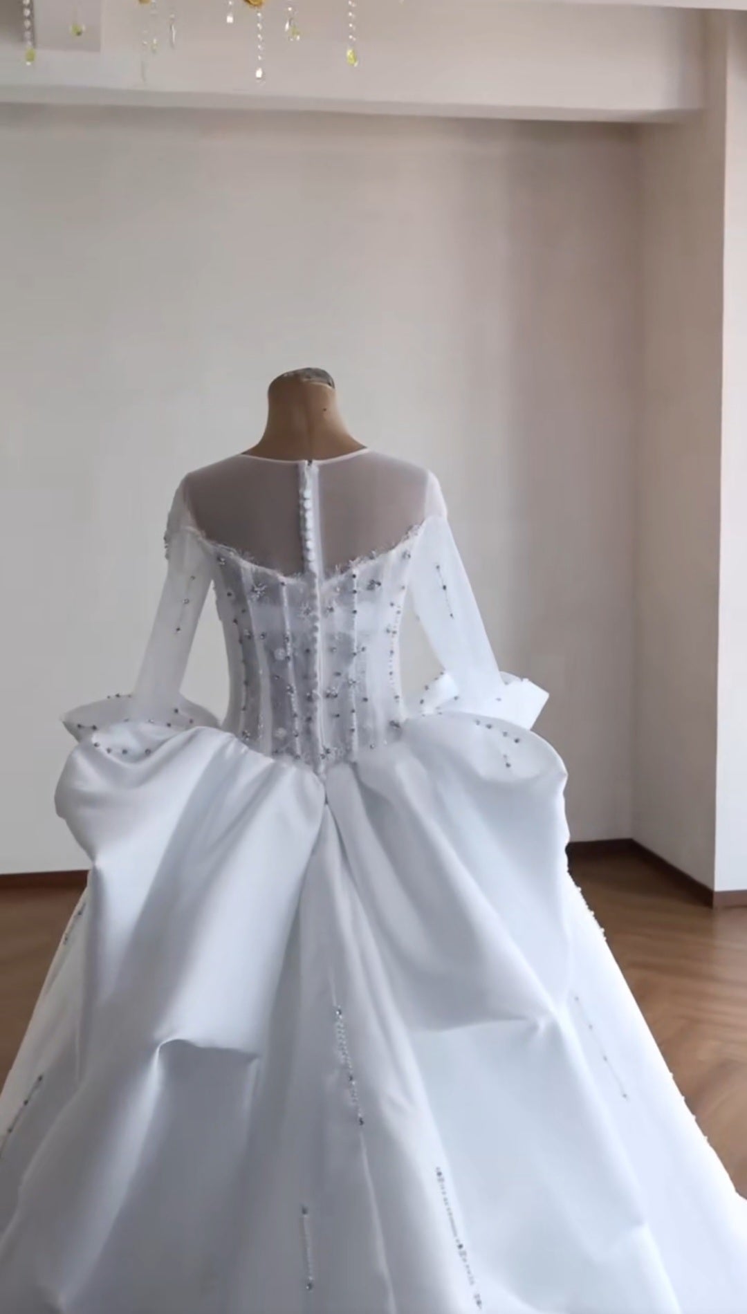Sheer Scoop Neck Long Sleeve Sweetheart Bodice Multi Beaded Sculpted Waistline Bridal Gown