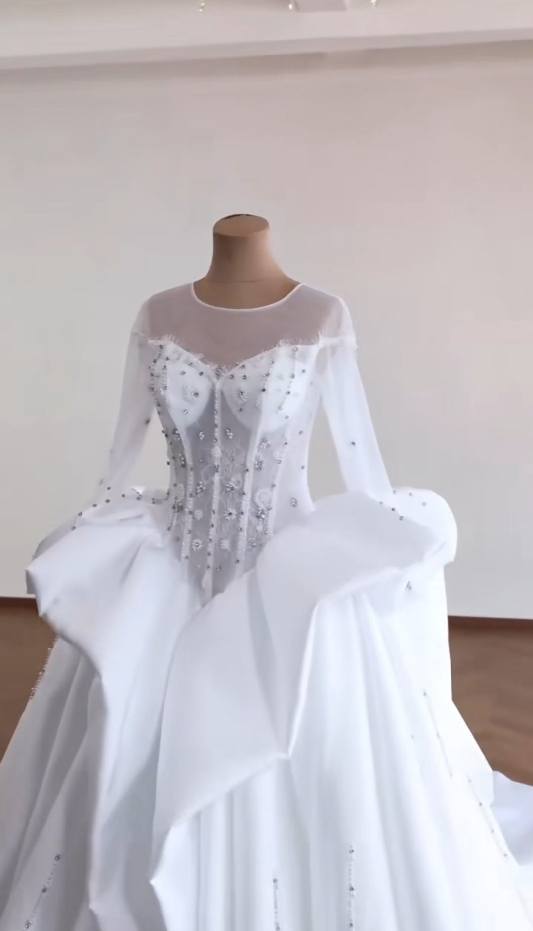 Sheer Scoop Neck Long Sleeve Sweetheart Bodice Multi Beaded Sculpted Waistline Bridal Gown
