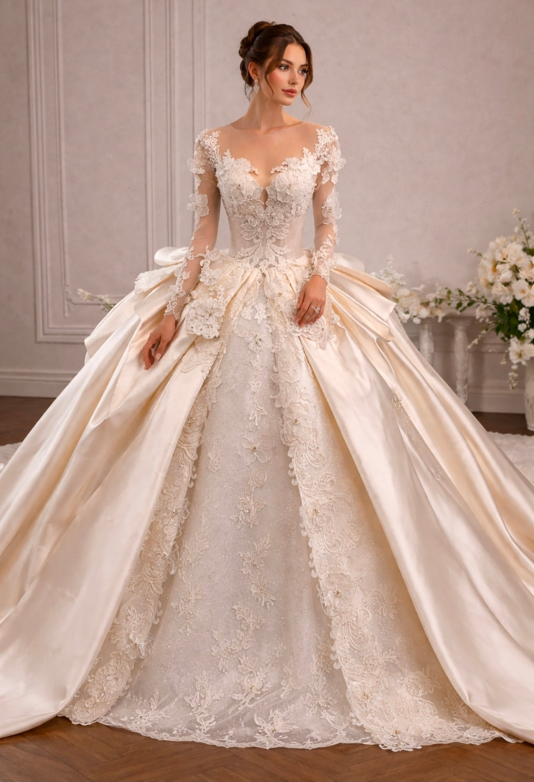 Exquisite And Beautiful Beaded Embellished Floral Embroidered Long Sleeve Lace And Satin Sweetheart Bridal Wedding Gown