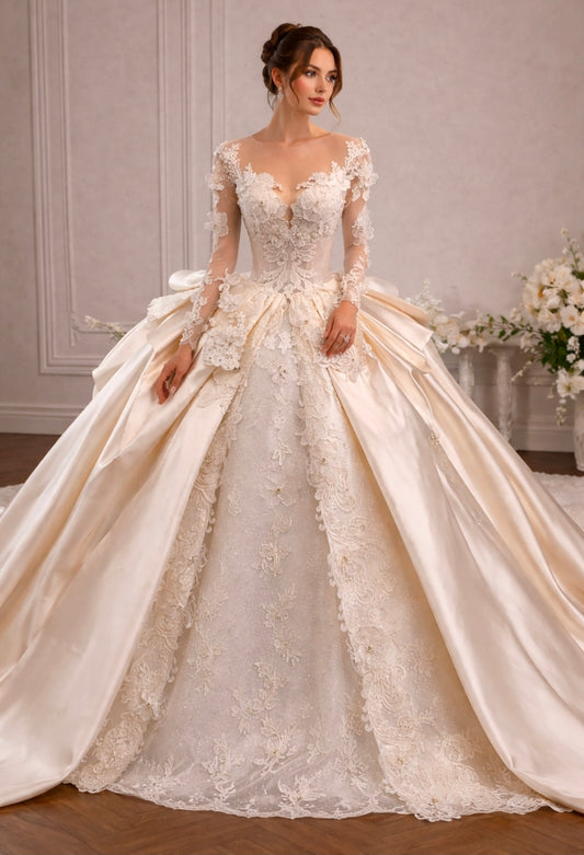 Exquisite And Beautiful Beaded Embellished Floral Embroidered Long Sleeve Lace And Satin Sweetheart Bridal Wedding Gown