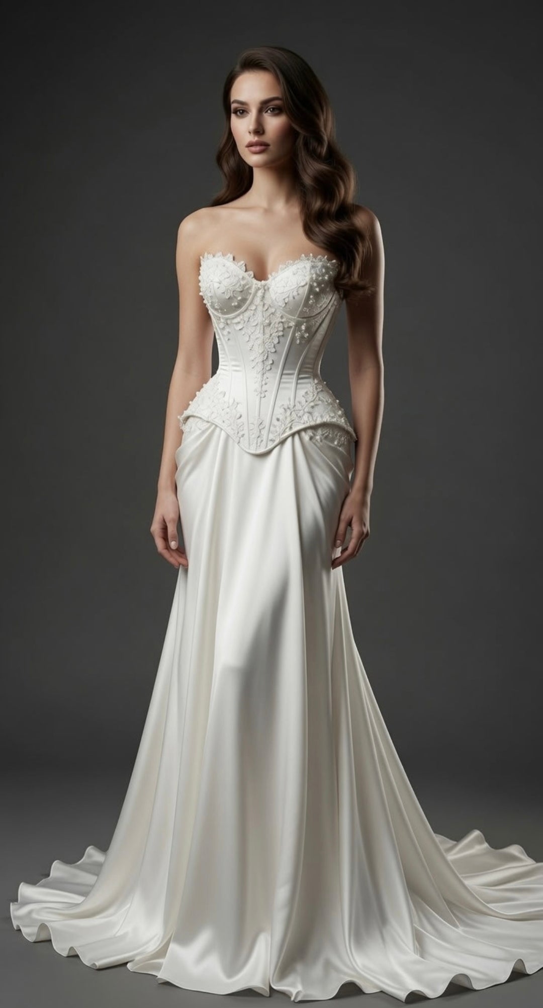 Strapless Floral Lace Embroidered Sweetheart Corset Ruched Trumpet Gown