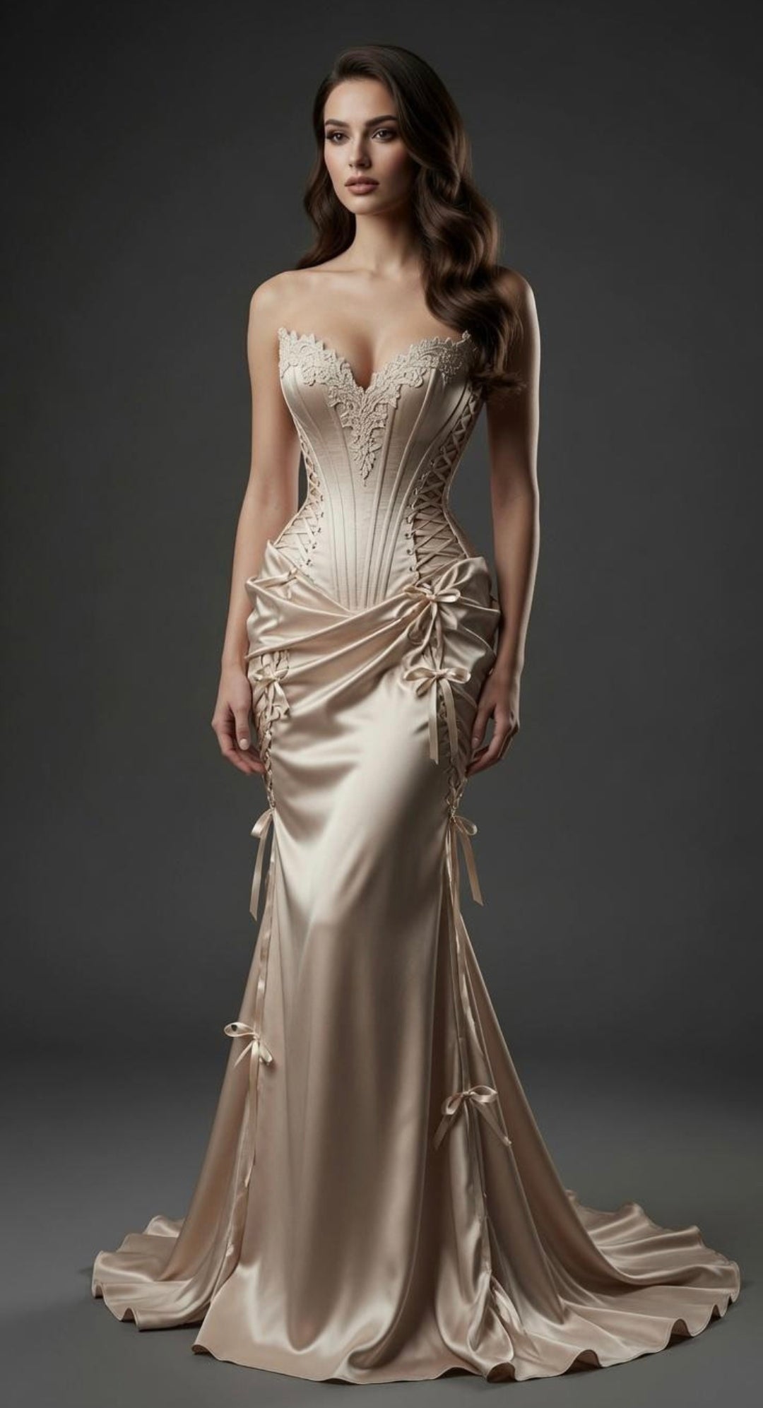 Elegantly Exquisite Ruched Strapless Multi Bow Detail Form Fitted Lace Up Corset Gown