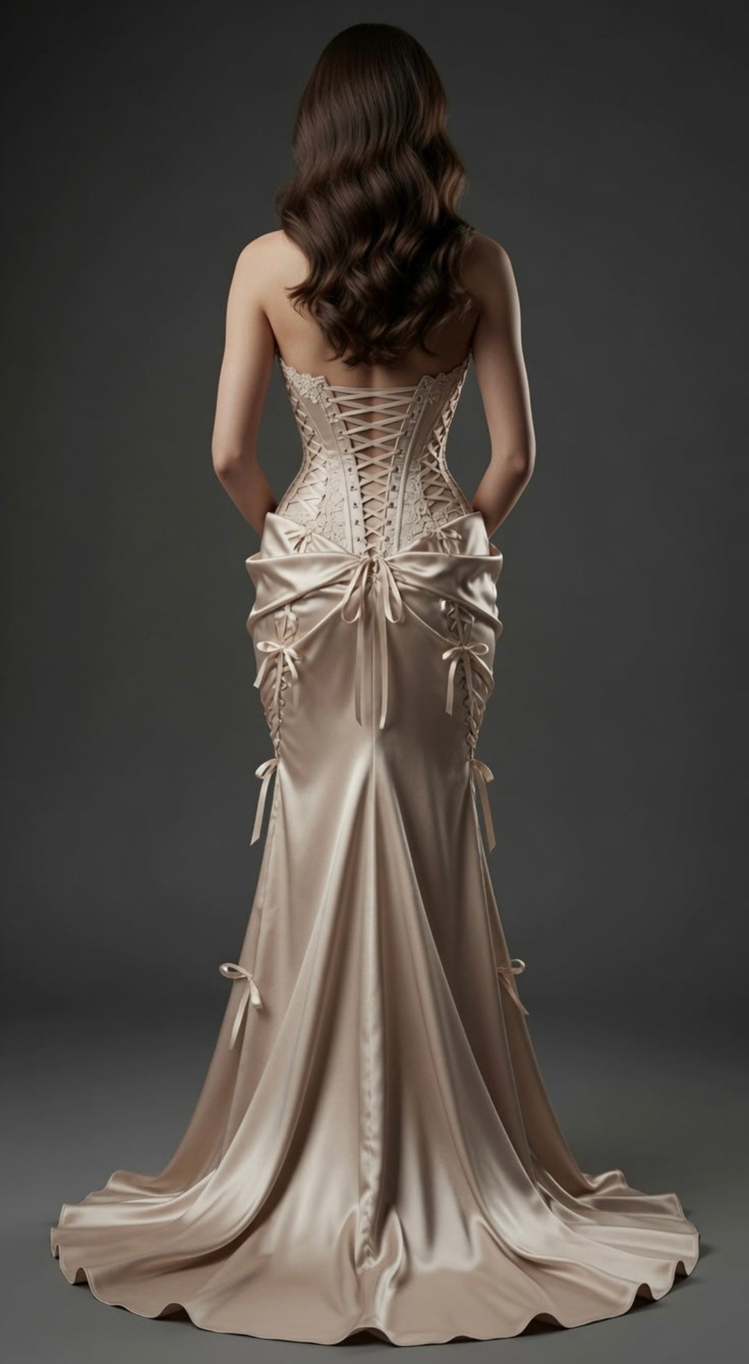 Elegantly Exquisite Ruched Strapless Multi Bow Detail Form Fitted Lace Up Corset Gown