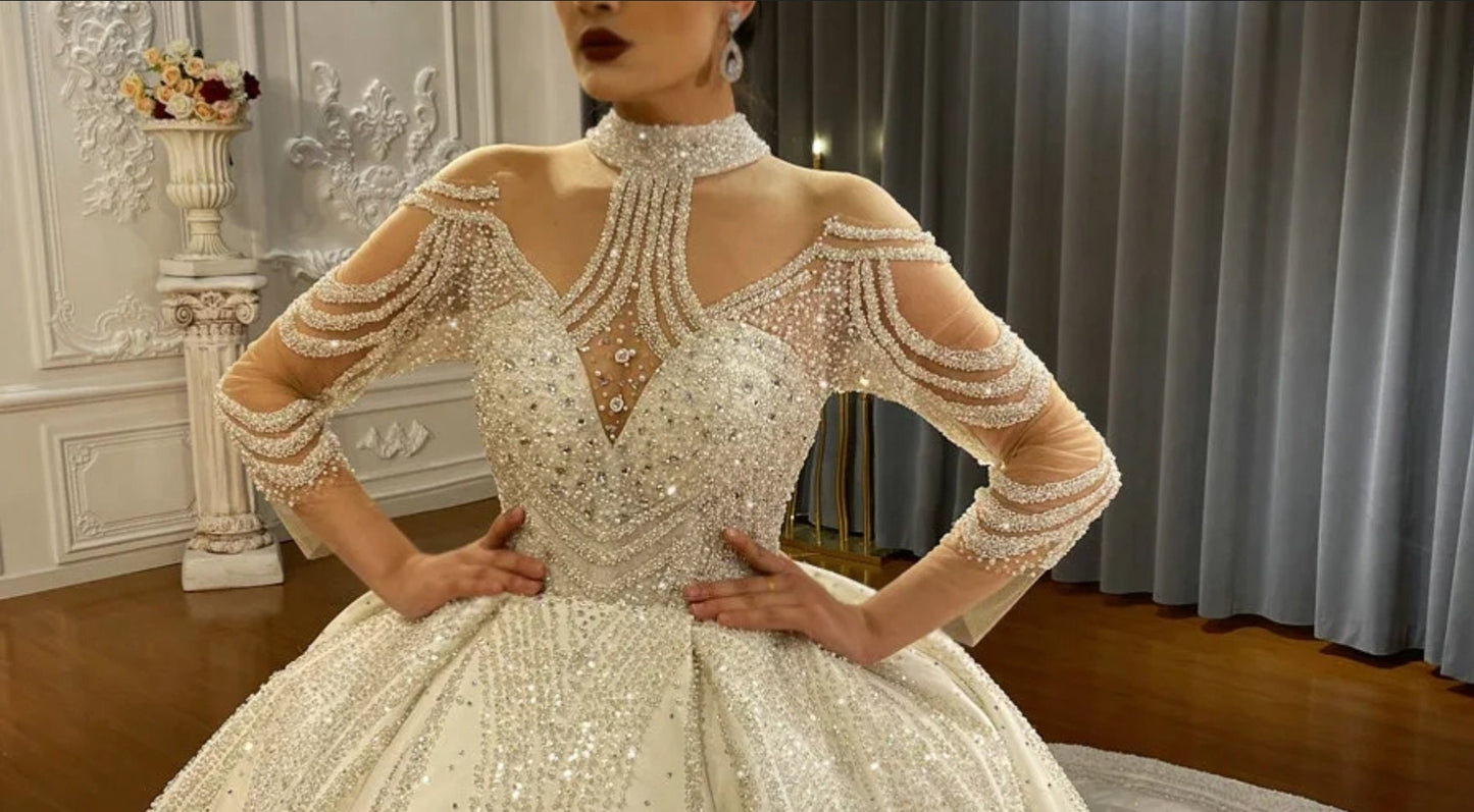 2023 Absolutely Gorgeous And Exquisite New Sequin Lace Design Mid Neck Long Sleeve Princess Dubai Inspired Bridal Ball Gown