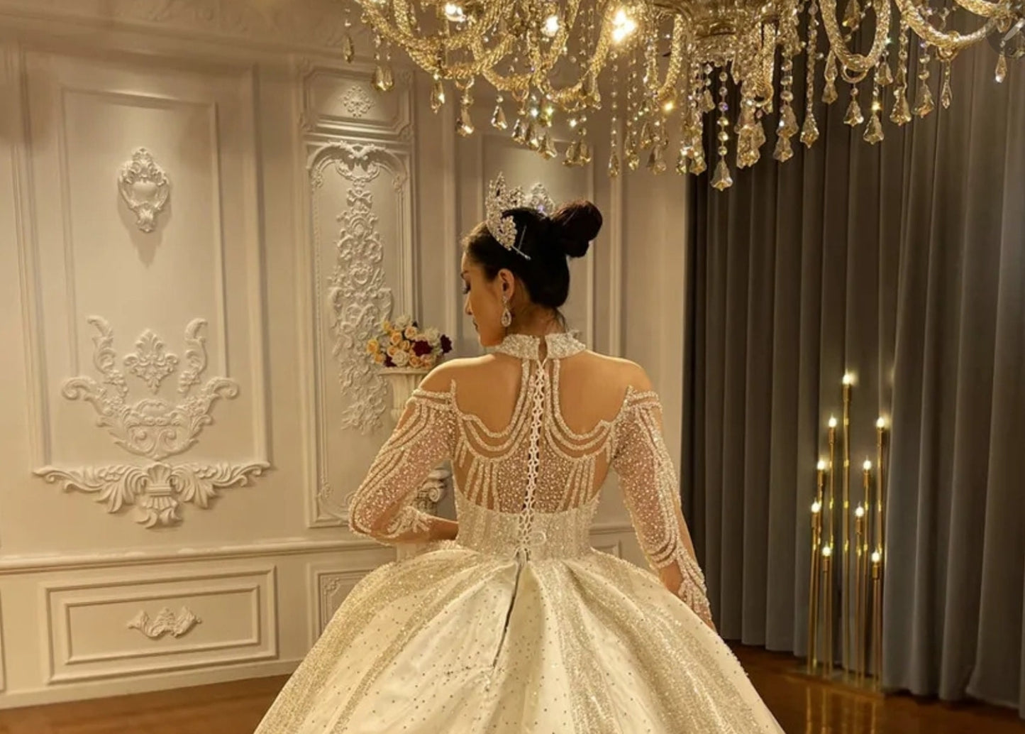 2023 Absolutely Gorgeous And Exquisite New Sequin Lace Design Mid Neck Long Sleeve Princess Dubai Inspired Bridal Ball Gown