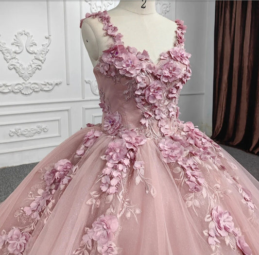 2023 Pink Beaded 3D Floral Spaghetti Strap Sweetheart Quinceañera Bridal Special Occasion Party Event Pageant Ball Gown