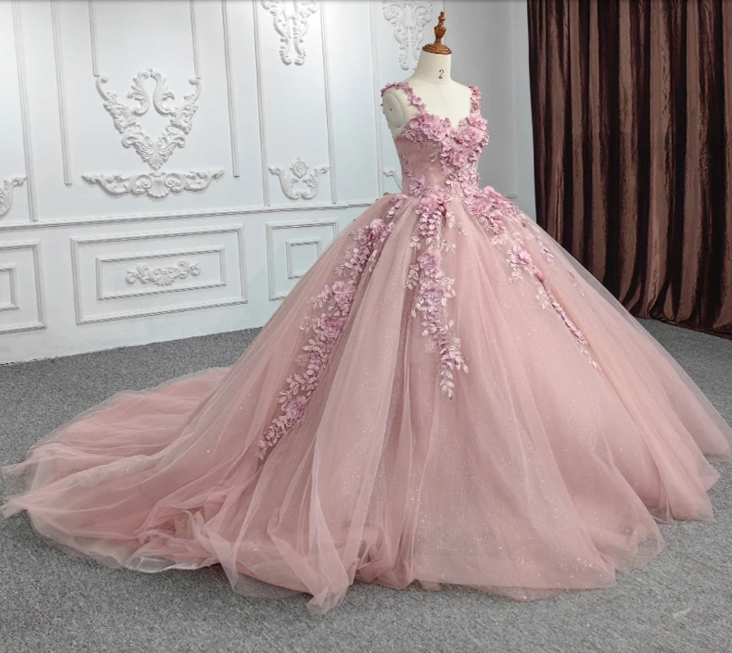 2023 Pink Beaded 3D Floral Spaghetti Strap Sweetheart Quinceañera Bridal Special Occasion Party Event Pageant Ball Gown