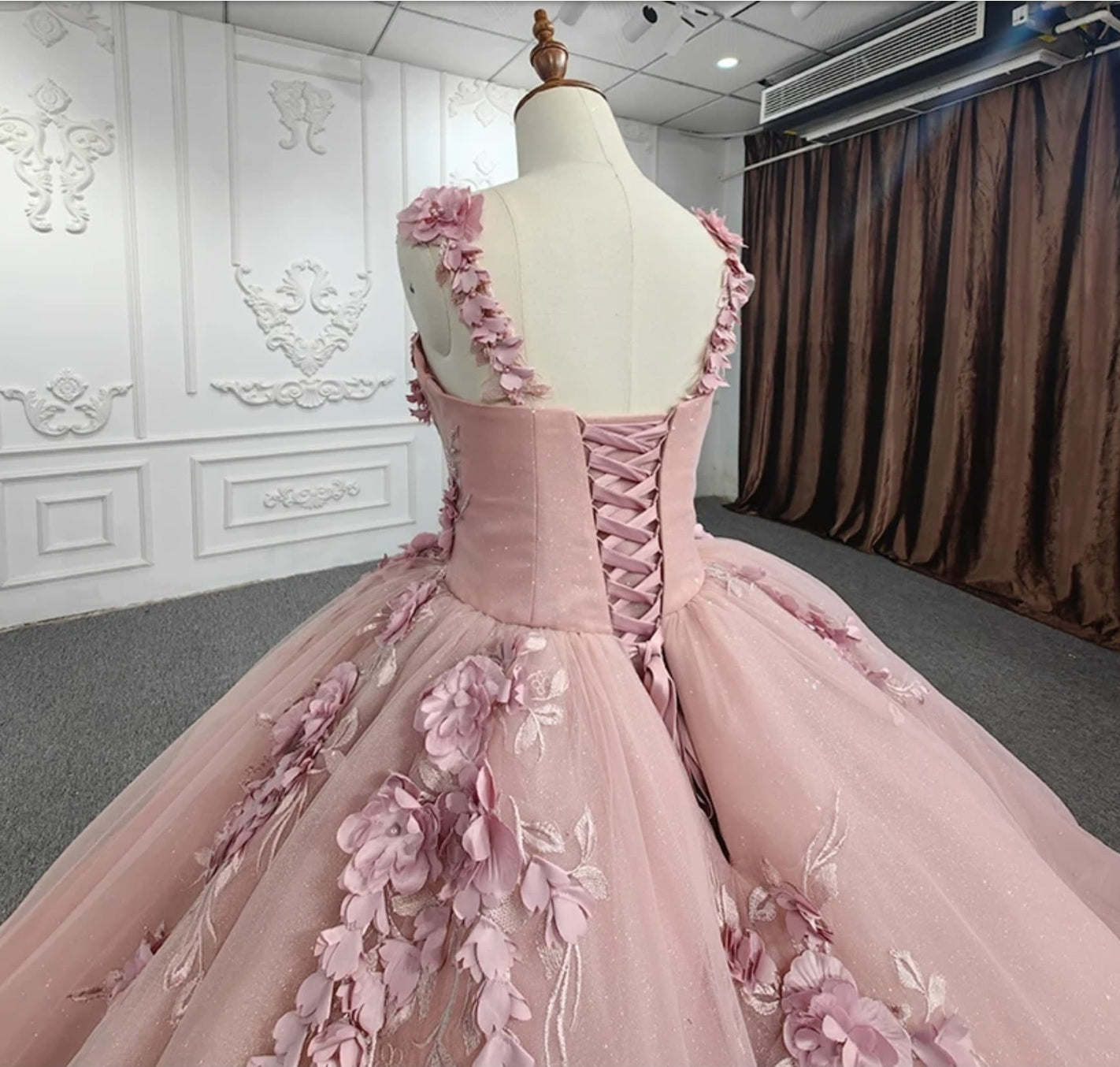 2023 Pink Beaded 3D Floral Spaghetti Strap Sweetheart Quinceañera Bridal Special Occasion Party Event Pageant Ball Gown