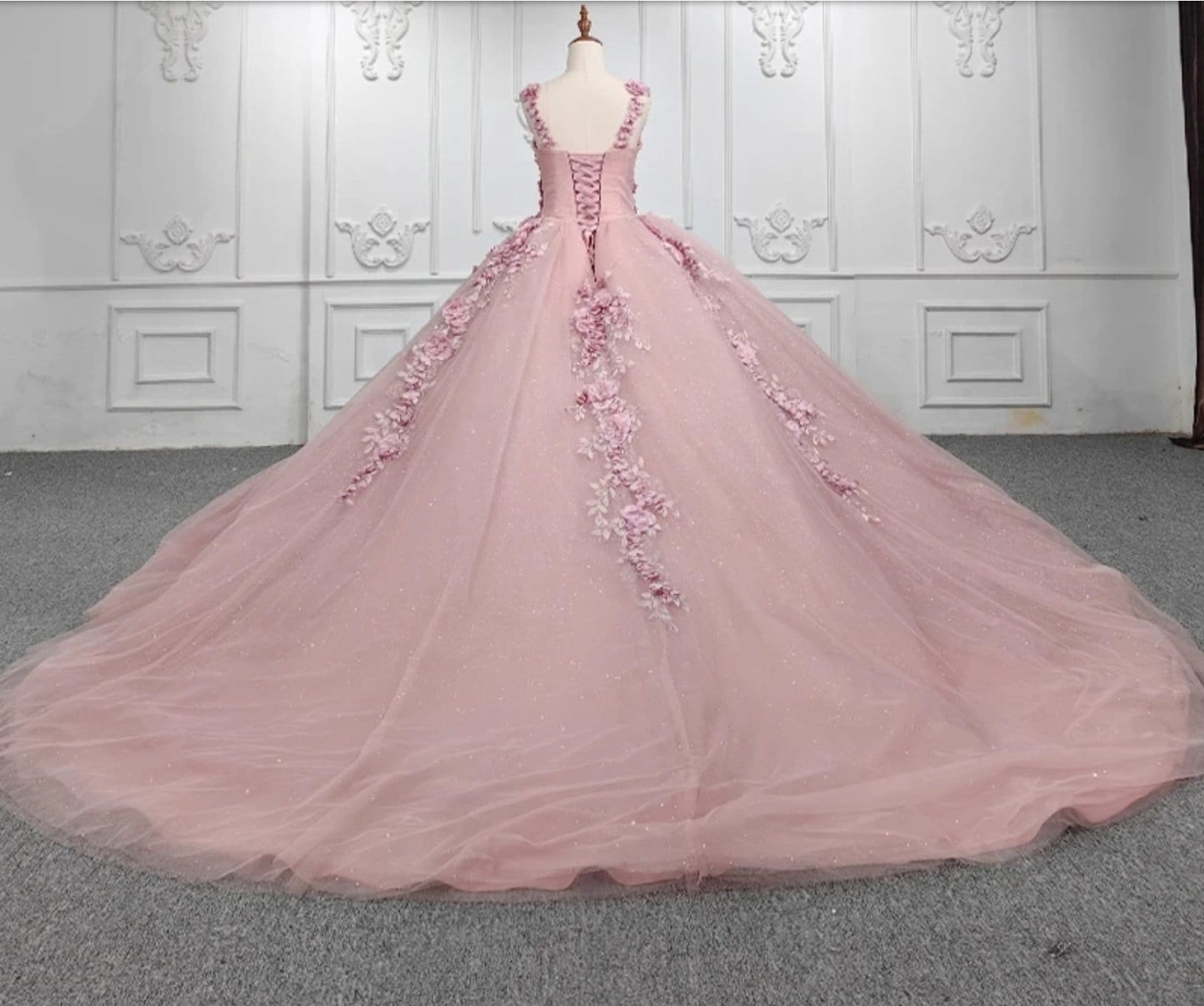 2023 Pink Beaded 3D Floral Spaghetti Strap Sweetheart Quinceañera Bridal Special Occasion Party Event Pageant Ball Gown