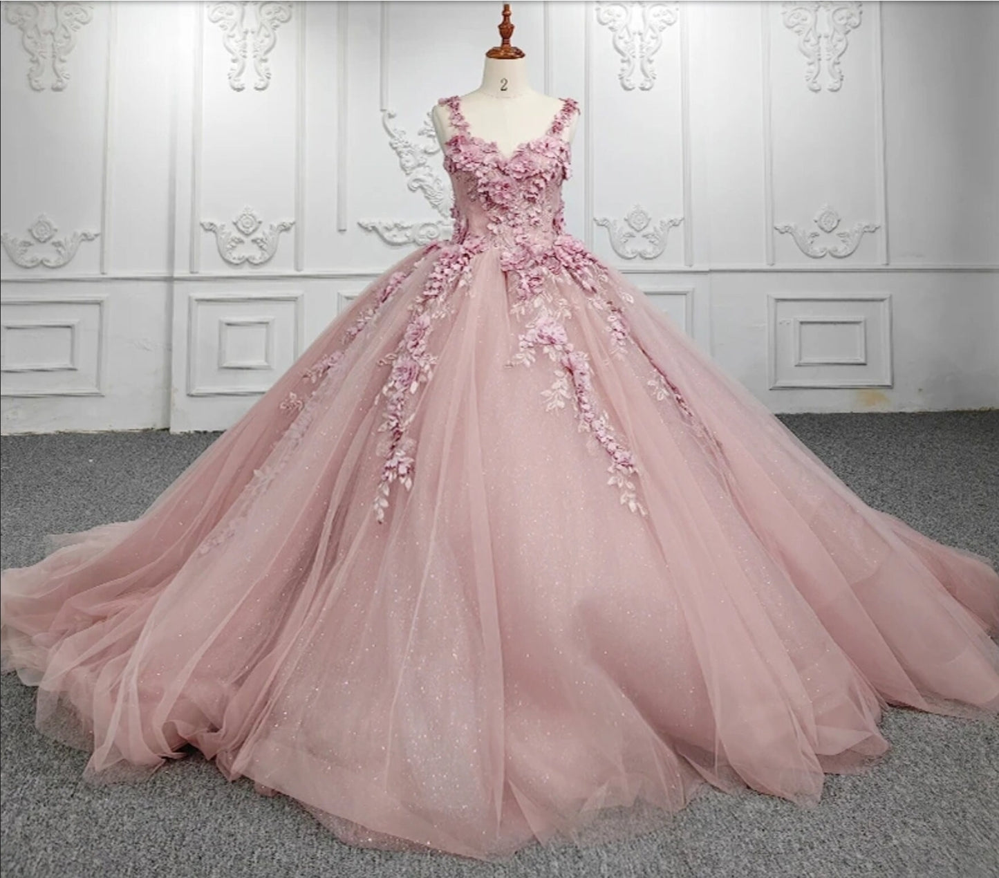 2023 Pink Beaded 3D Floral Spaghetti Strap Sweetheart Quinceañera Bridal Special Occasion Party Event Pageant Ball Gown