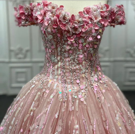 2023/2024 3D Floral Pink Off The Shoulder Sweetheart Sequin Confetti Special Occasion Bat Mitzvah Sweet Sixteen Gown