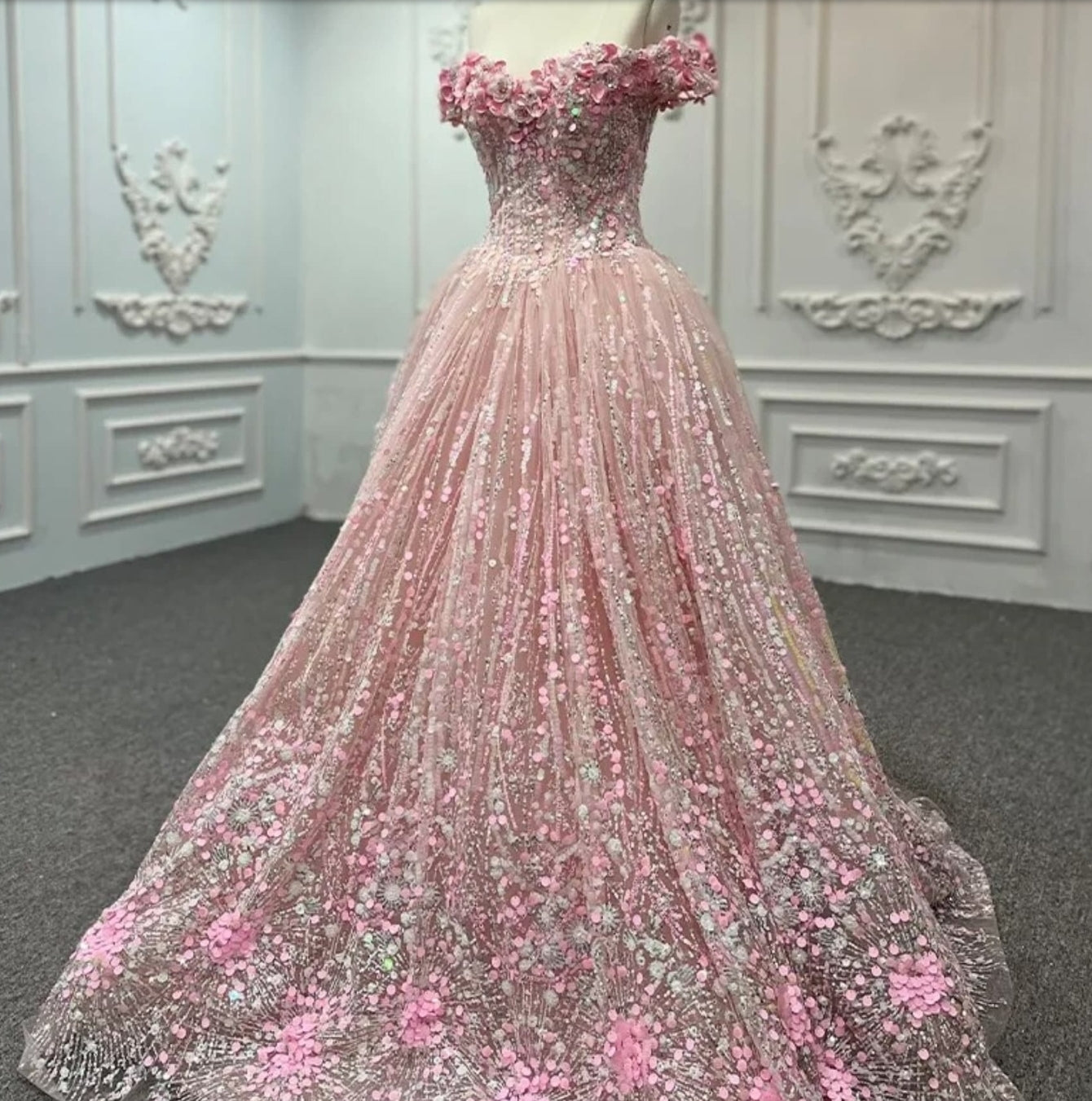 2023/2024 3D Floral Pink Off The Shoulder Sweetheart Sequin Confetti Special Occasion Bat Mitzvah Sweet Sixteen Gown