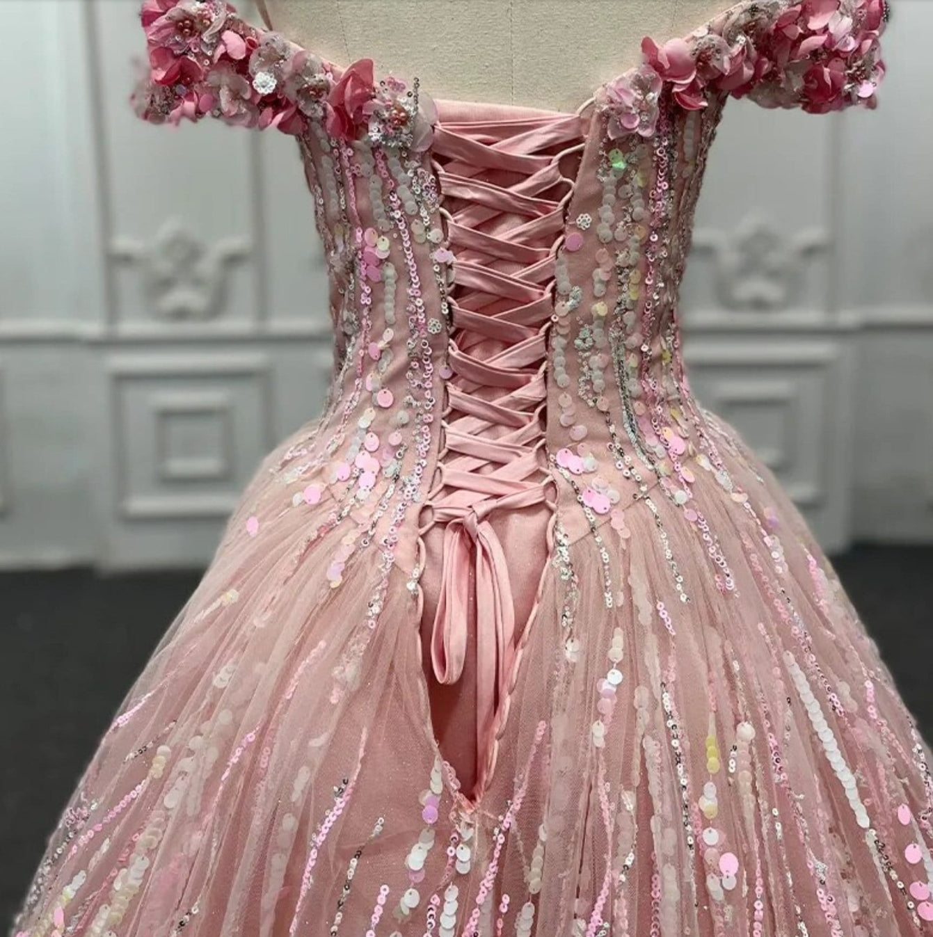 2023/2024 3D Floral Pink Off The Shoulder Sweetheart Sequin Confetti Special Occasion Bat Mitzvah Sweet Sixteen Gown