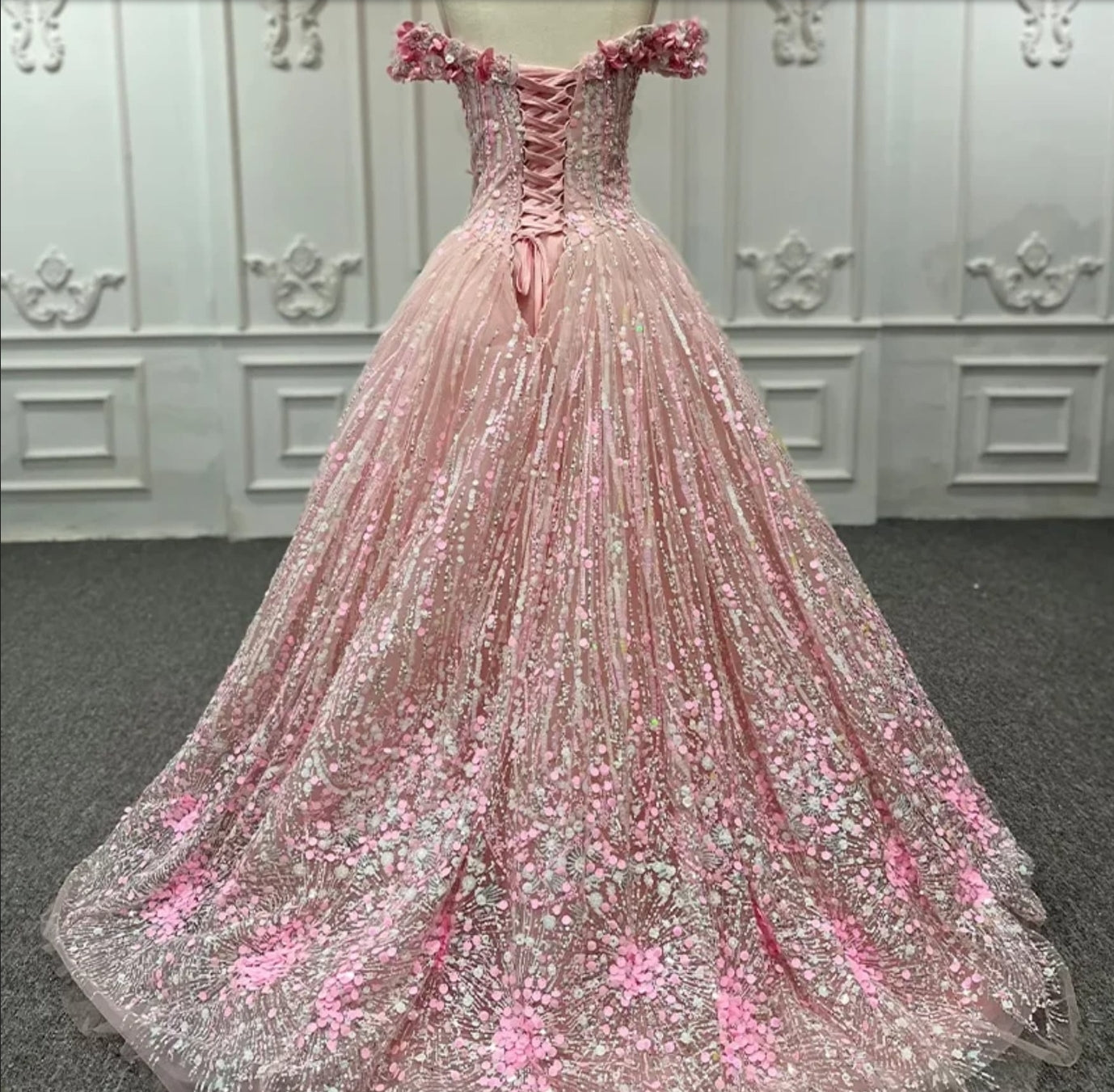 2023/2024 3D Floral Pink Off The Shoulder Sweetheart Sequin Confetti Special Occasion Bat Mitzvah Sweet Sixteen Gown