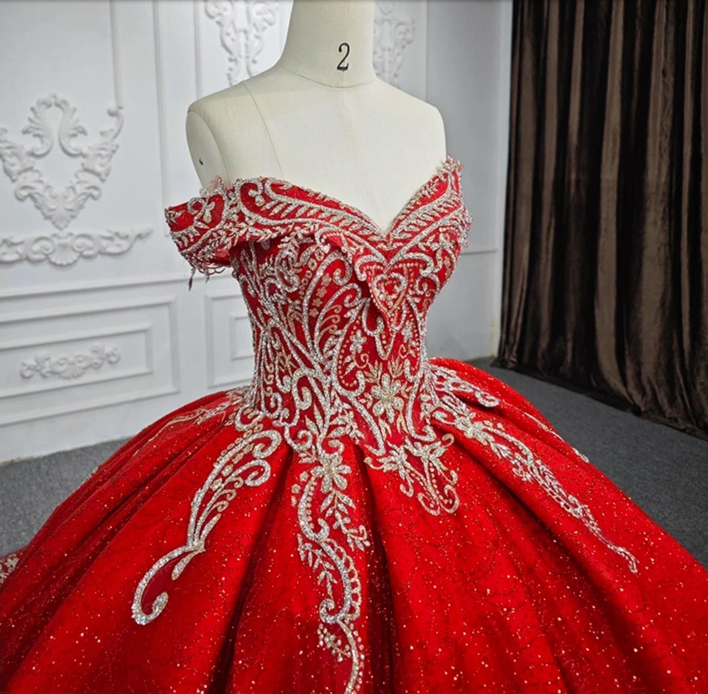 2023/2024 Beautiful Embroidered Red, Gold And Silver Off The Shoulder Sweetheart Quinceañera Special Occasion Pageant Bat Mitzvah Ball Gown