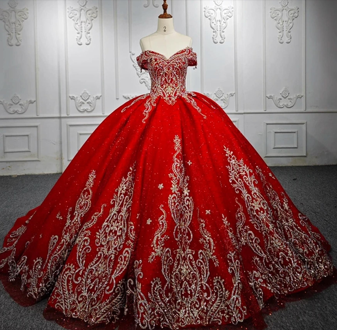 2023/2024 Beautiful Embroidered Red, Gold And Silver Off The Shoulder Sweetheart Quinceañera Special Occasion Pageant Bat Mitzvah Ball Gown