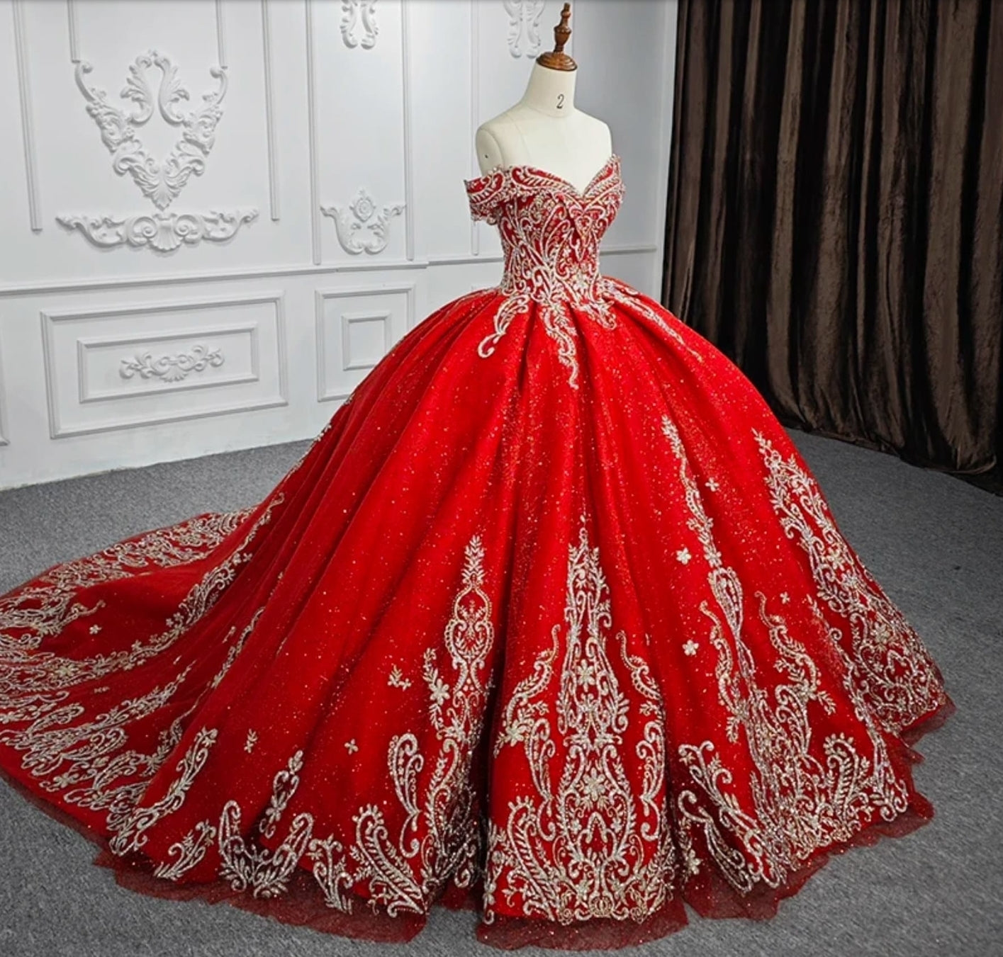 2023/2024 Beautiful Embroidered Red, Gold And Silver Off The Shoulder Sweetheart Quinceañera Special Occasion Pageant Bat Mitzvah Ball Gown