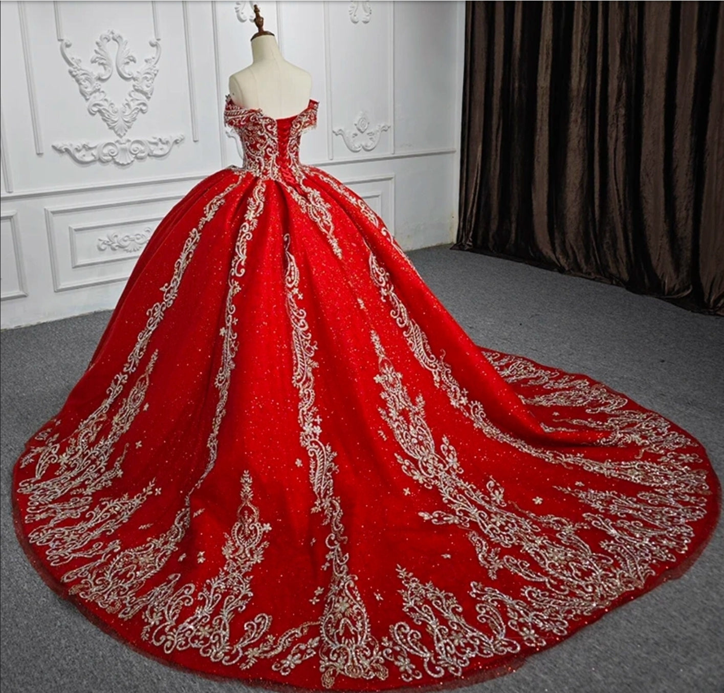 2023/2024 Beautiful Embroidered Red, Gold And Silver Off The Shoulder Sweetheart Quinceañera Special Occasion Pageant Bat Mitzvah Ball Gown