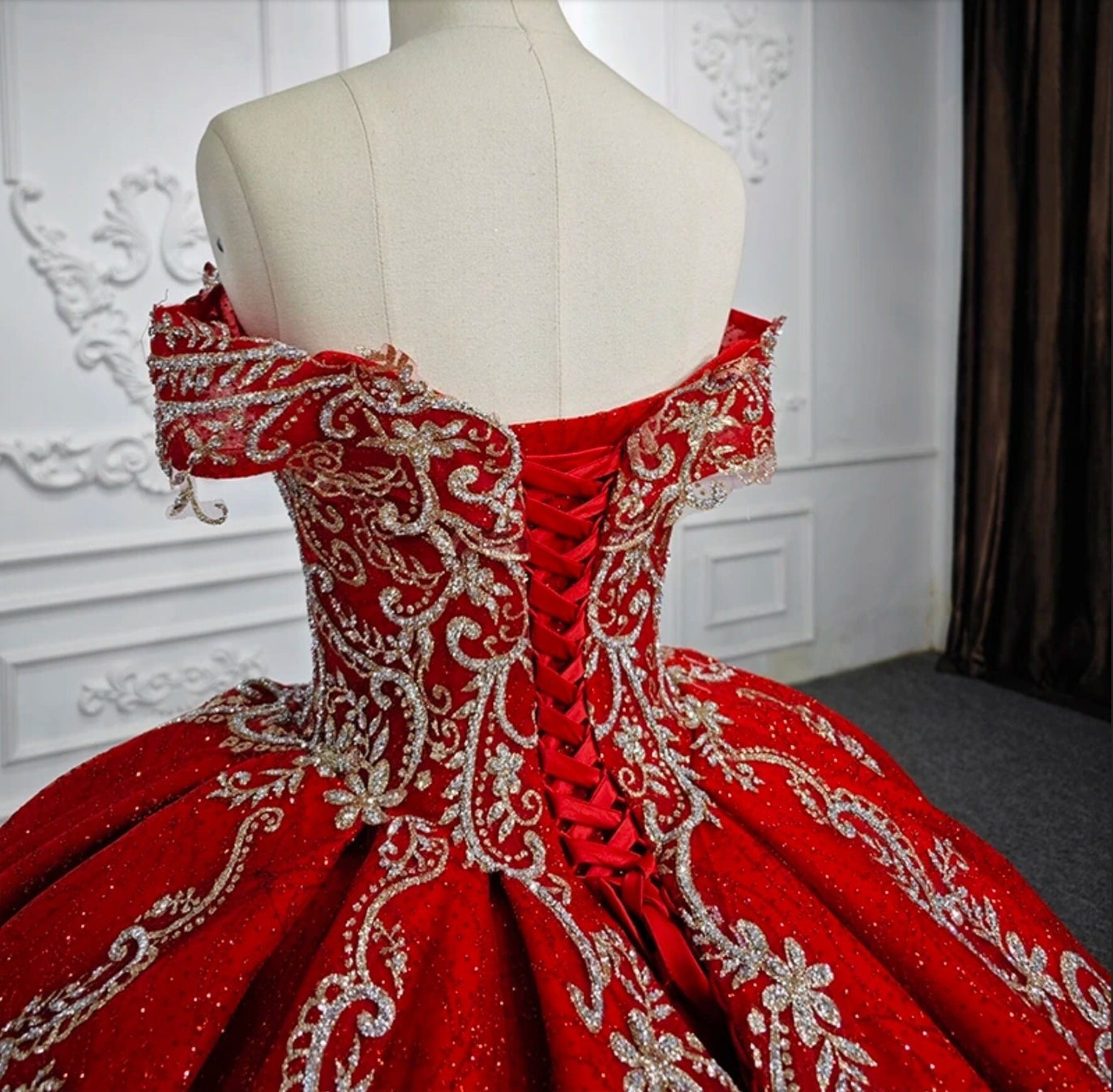 2023/2024 Beautiful Embroidered Red, Gold And Silver Off The Shoulder Sweetheart Quinceañera Special Occasion Pageant Bat Mitzvah Ball Gown