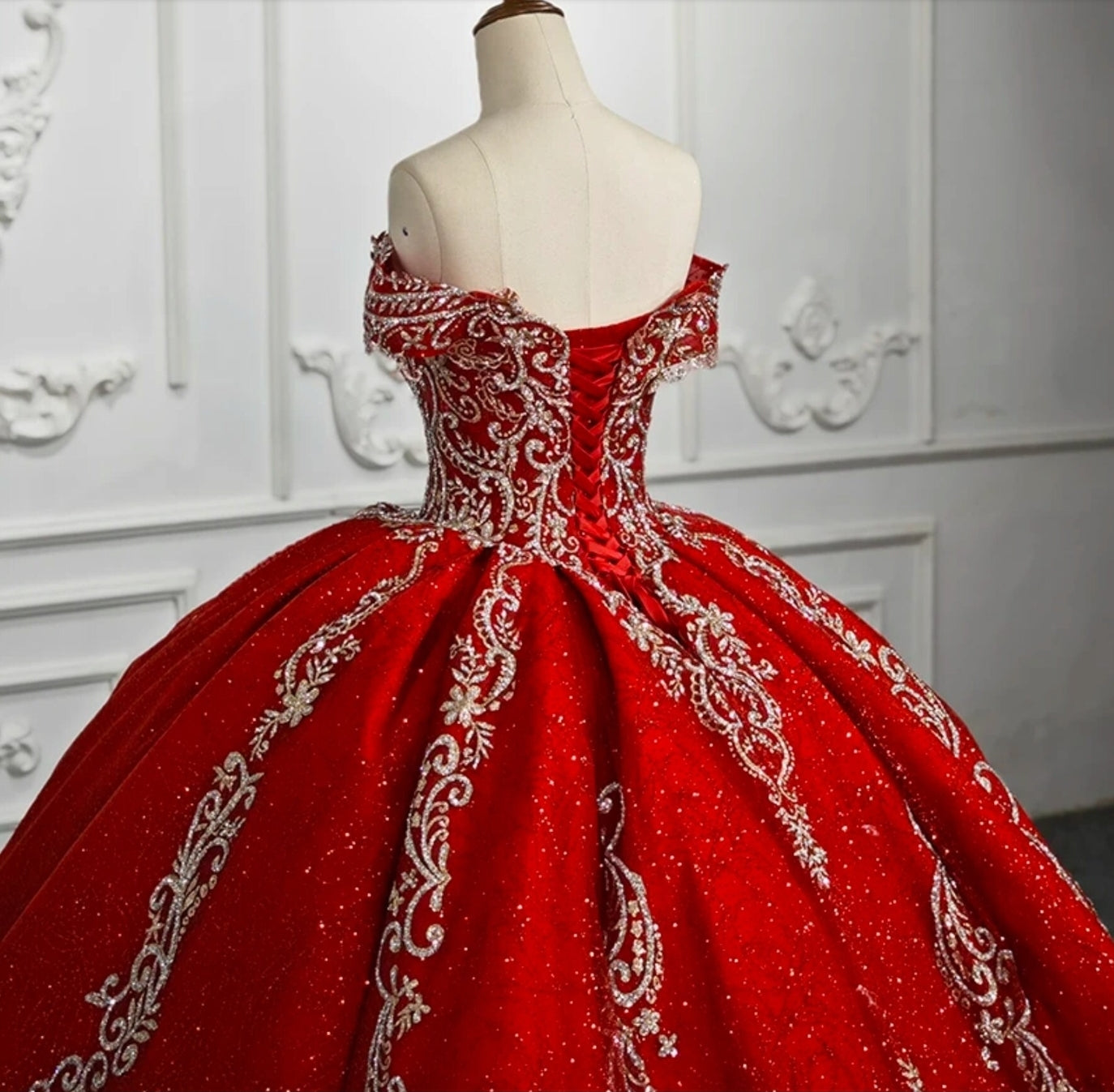 2023/2024 Beautiful Embroidered Red, Gold And Silver Off The Shoulder Sweetheart Quinceañera Special Occasion Pageant Bat Mitzvah Ball Gown