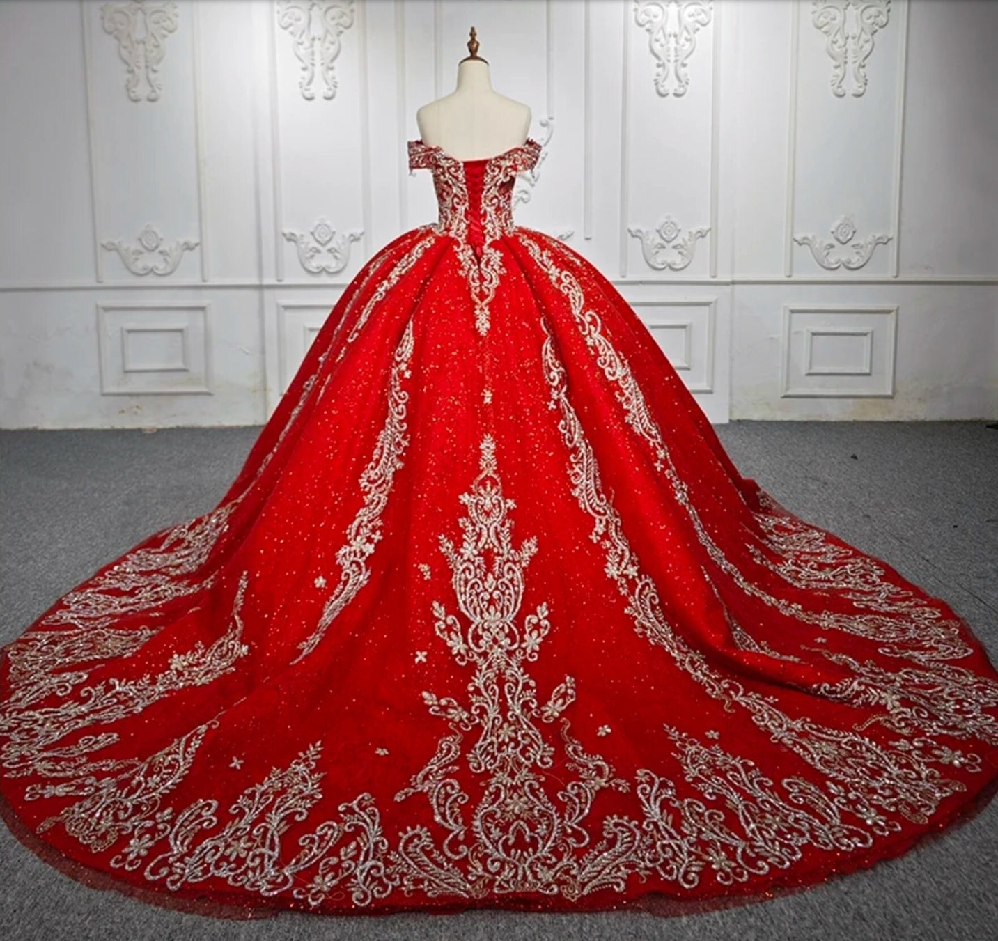 2023/2024 Beautiful Embroidered Red, Gold And Silver Off The Shoulder Sweetheart Quinceañera Special Occasion Pageant Bat Mitzvah Ball Gown