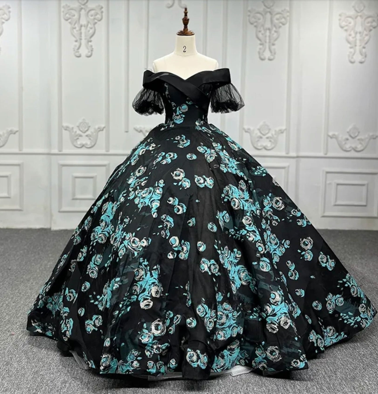 2023/2024 New Beautiful Black And Teal Blue Floral Sweetheart Off The Shoulder Short Sleeve Special Occasion Event Bat Mitzvah Ball Gown