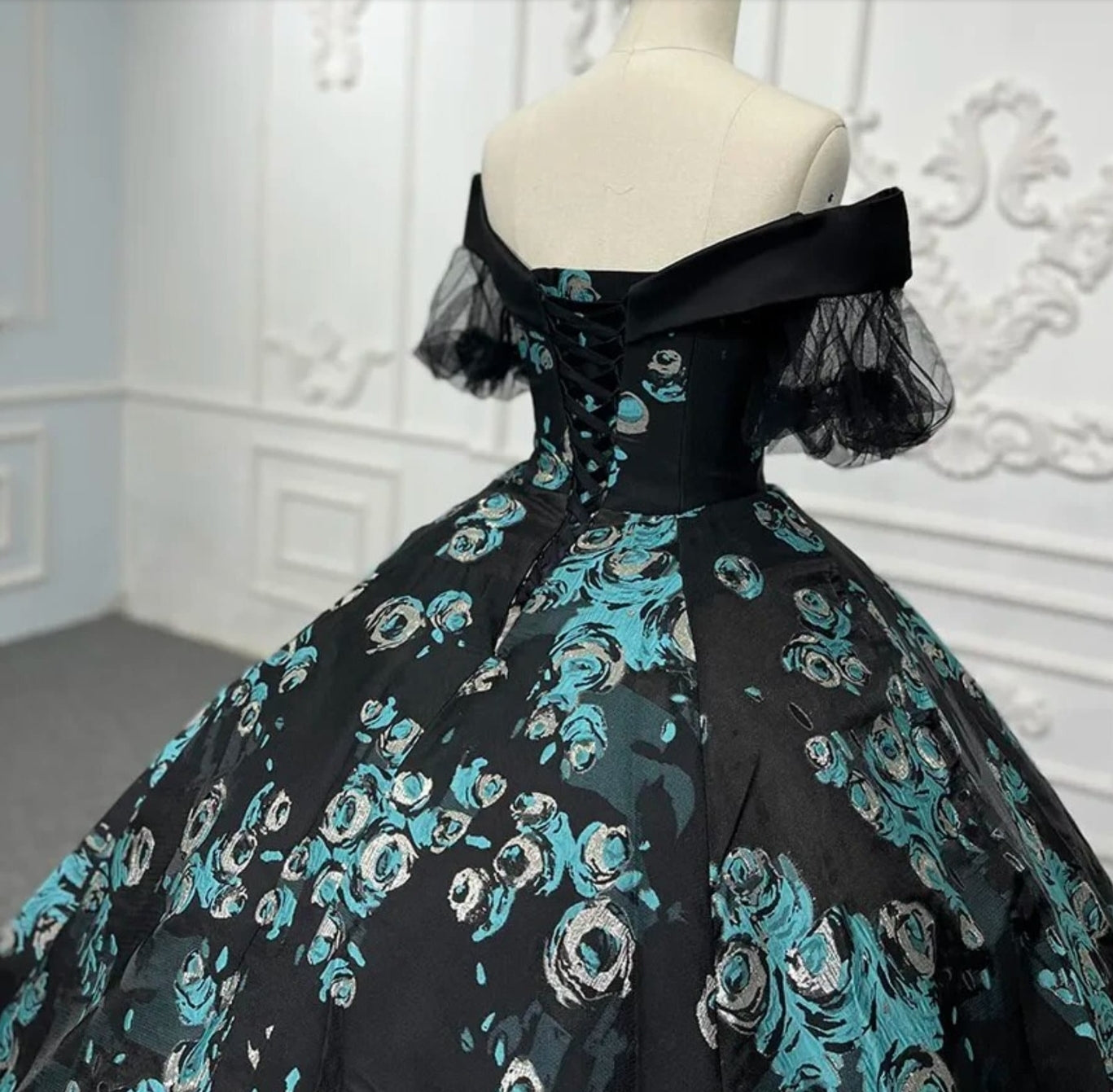 2023/2024 New Beautiful Black And Teal Blue Floral Sweetheart Off The Shoulder Short Sleeve Special Occasion Event Bat Mitzvah Ball Gown