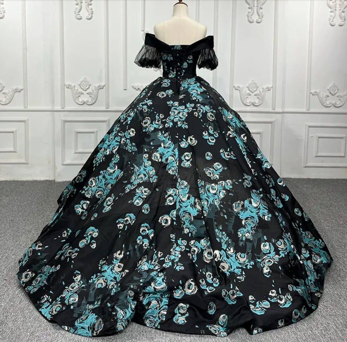 2023/2024 New Beautiful Black And Teal Blue Floral Sweetheart Off The Shoulder Short Sleeve Special Occasion Event Bat Mitzvah Ball Gown