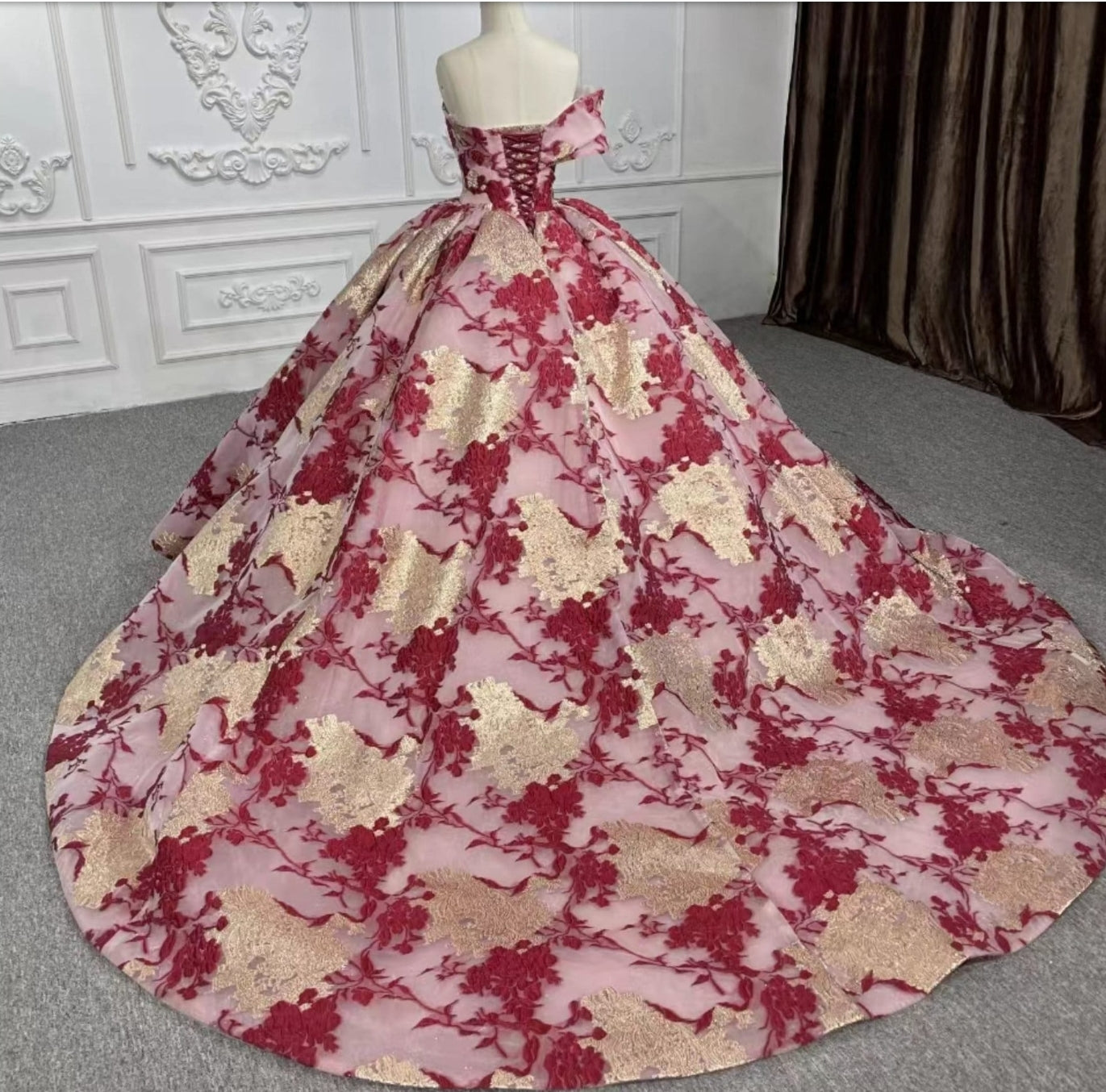 2023/2024 One Sided Off The Shoulder Pleated Burgundy And Gold Shimmering Lace Up Enclosure Special Occasion Event Gala Quinceañera Gown