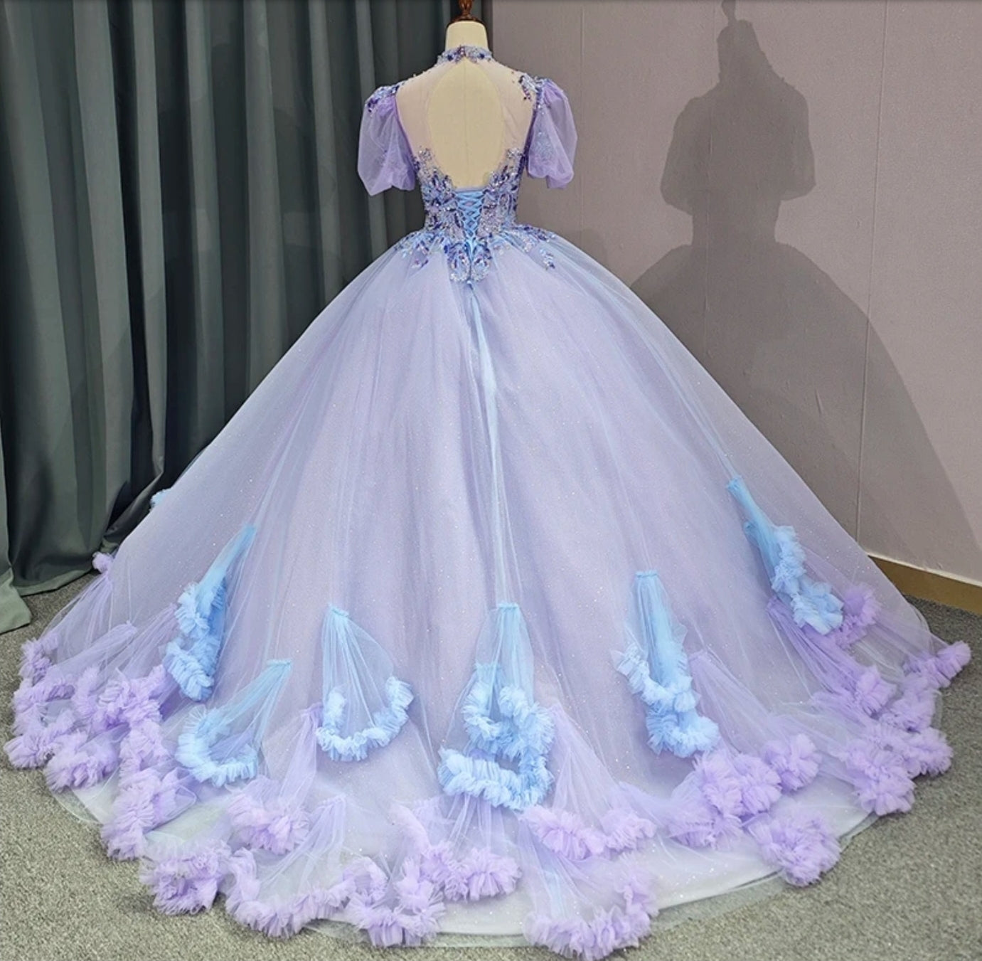 2023/2024 Shimmering Purple Sequin Embroidered Beaded Open Back Quinceañera Special Occasion Gown With Scattered Blue & Purple Frill Detail