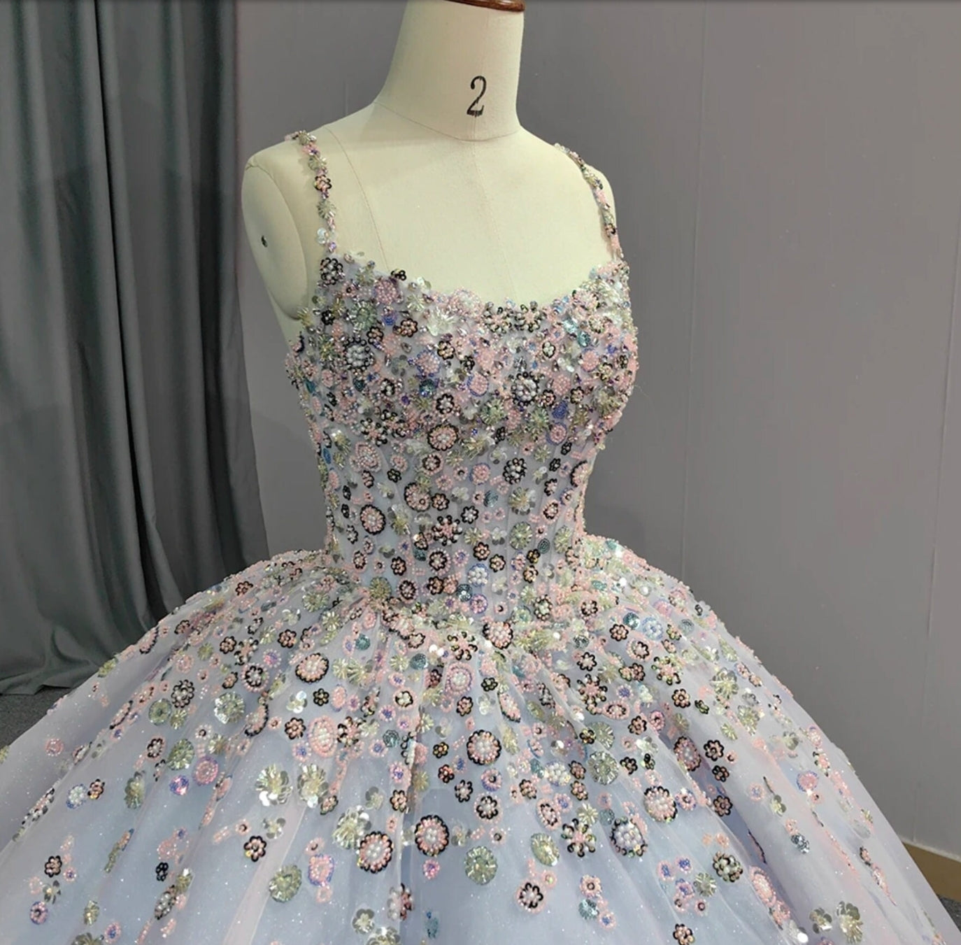 2024 Pink & Blue Shimmering Layered Floral Beaded Spaghetti Strap Sweetheart Quinceañera, Special Occasion, Bat Mitzvah, Sweet 16 Gown