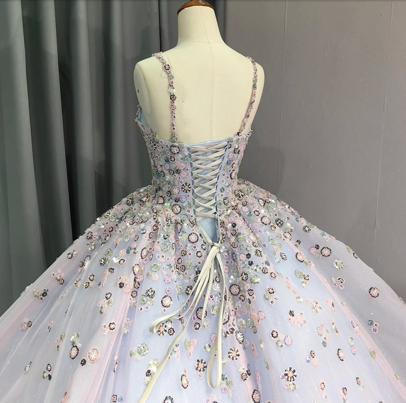 2024 Pink & Blue Shimmering Layered Floral Beaded Spaghetti Strap Sweetheart Quinceañera, Special Occasion, Bat Mitzvah, Sweet 16 Gown