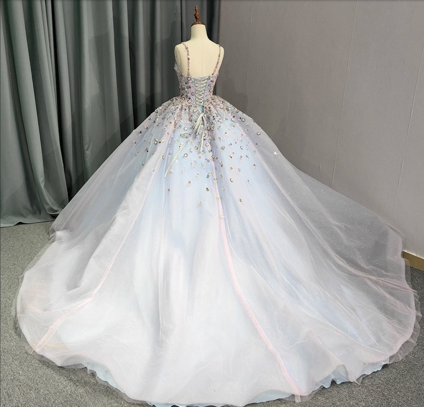 2024 Pink & Blue Shimmering Layered Floral Beaded Spaghetti Strap Sweetheart Quinceañera, Special Occasion, Bat Mitzvah, Sweet 16 Gown