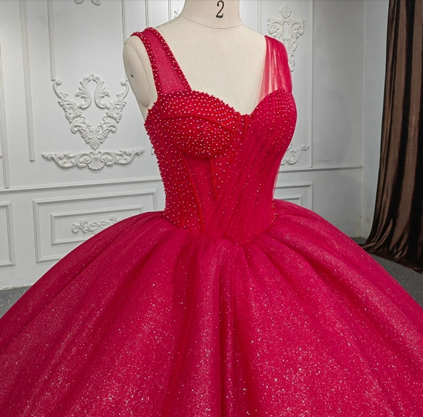 2024 Red Beaded Corset Style Bodice Sleeveless Sweetheart Shimmering Bridal, Vow Renewal, Quinceañera, Special Occasion Ball Gown