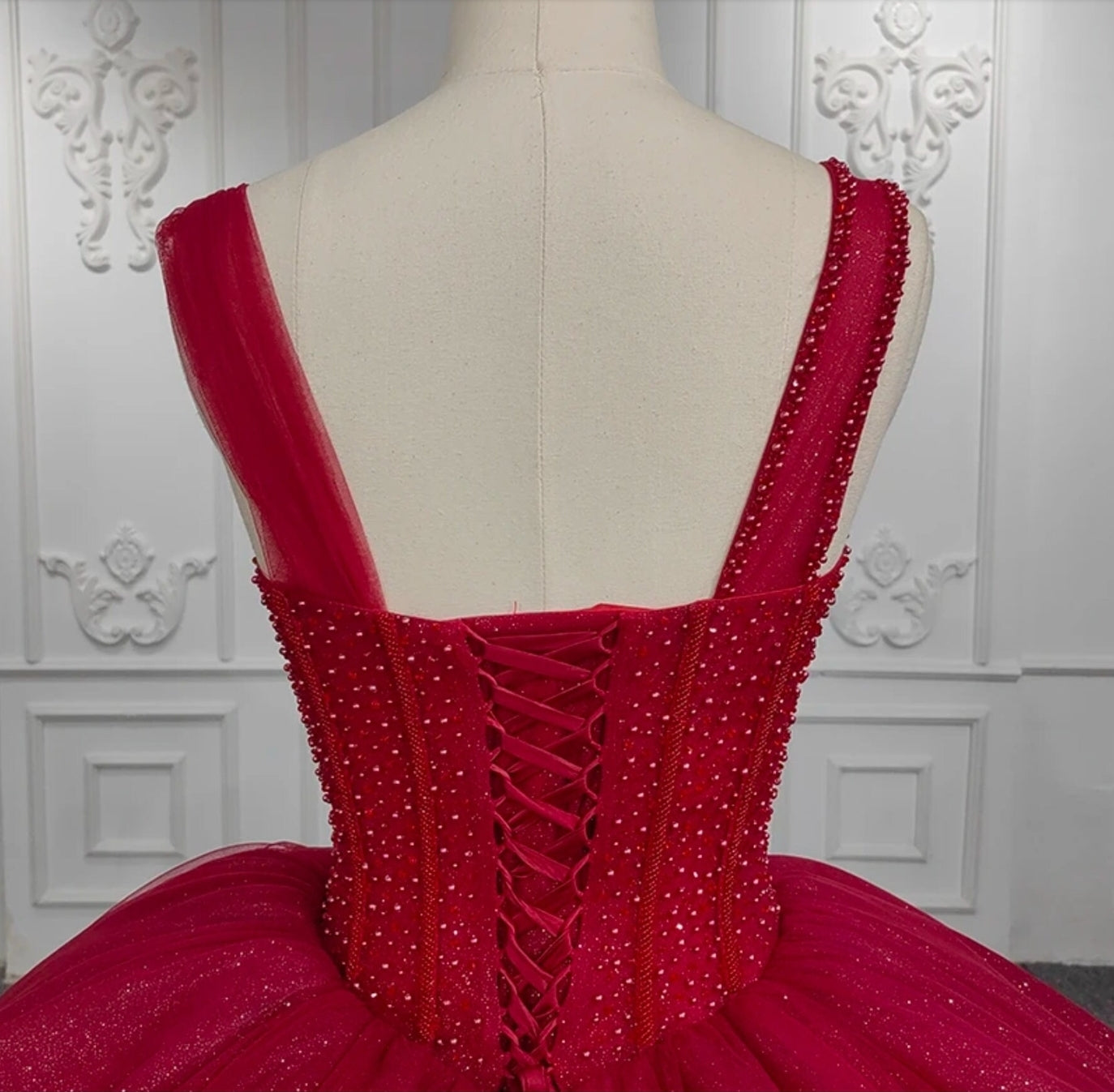 2024 Red Beaded Corset Style Bodice Sleeveless Sweetheart Shimmering Bridal, Vow Renewal, Quinceañera, Special Occasion Ball Gown