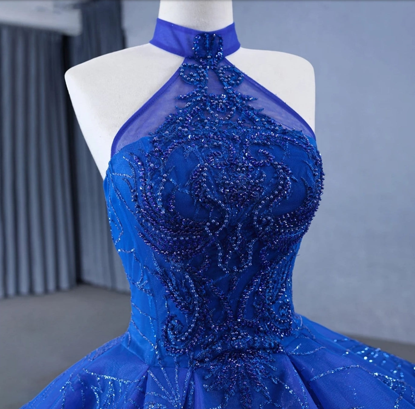 2024 Royal Blue Beaded Sequin Halter Neck Beauty A-Line Sweet Sixteen, Special Occasion, Pageant, Event, Party, Bat Mitzvah Ball Gown