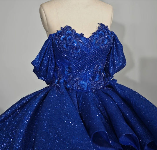 2024 Shimmering Royal Blue Off The Shoulder Sweetheart Beaded Sequin Appliqué & 3D Floral Rosettes Quinceañera, Special Occasion Gown