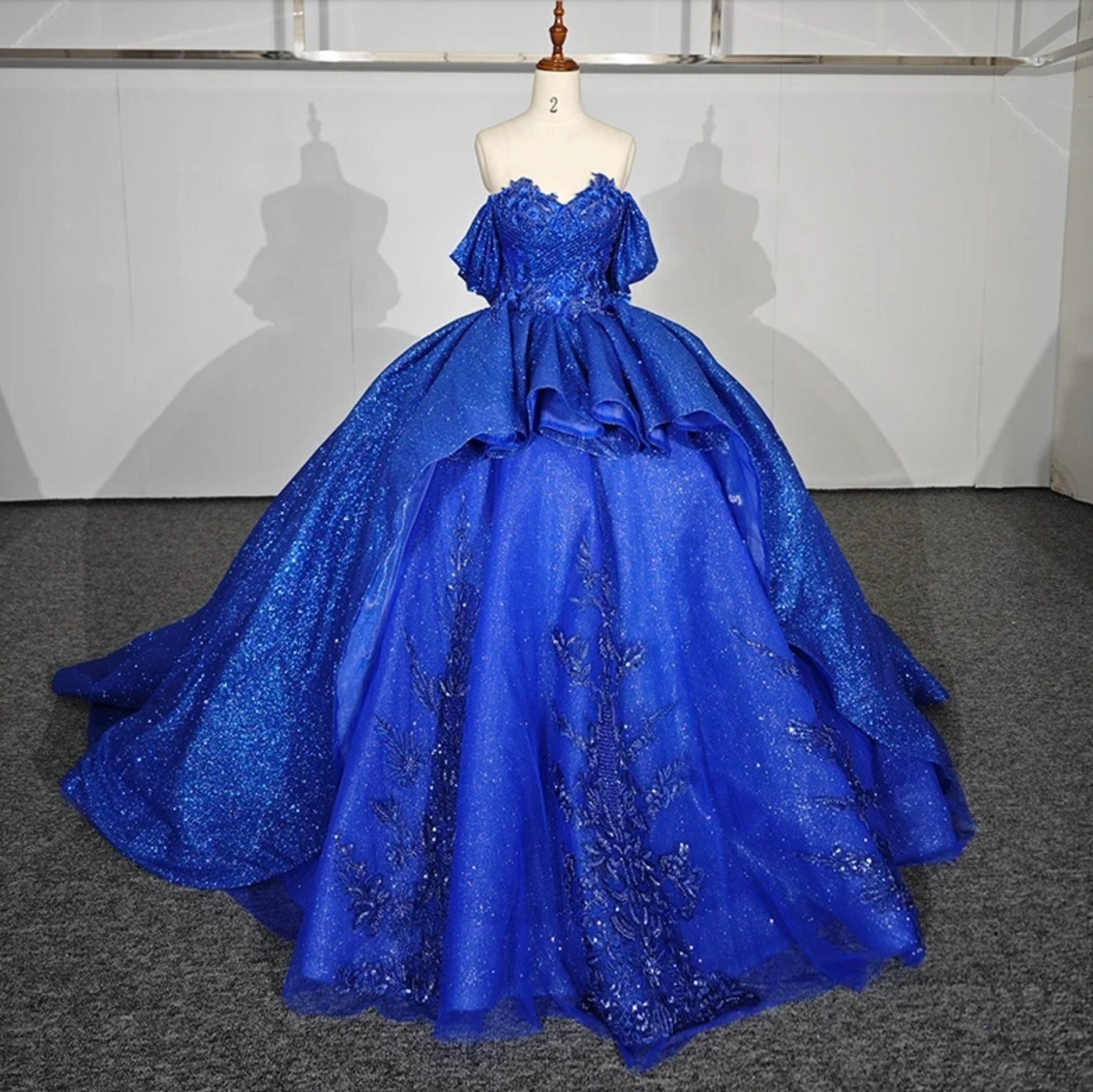 2024 Shimmering Royal Blue Off The Shoulder Sweetheart Beaded Sequin Appliqué & 3D Floral Rosettes Quinceañera, Special Occasion Gown