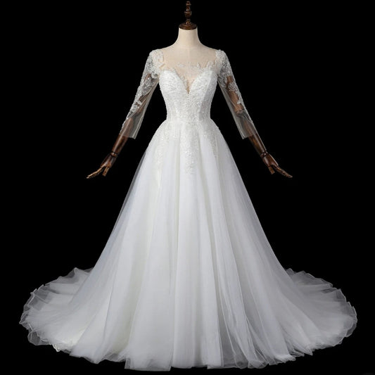 3/4 Embroidered Sleeve Multi Beaded Sequin A-Line Sweetheart Bridal Gown