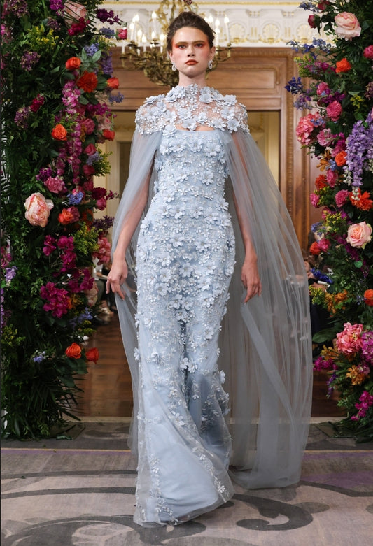 3D Beaded Floral Shoulder Mid Neck Floor Length Bridal Special Occasion Cape
