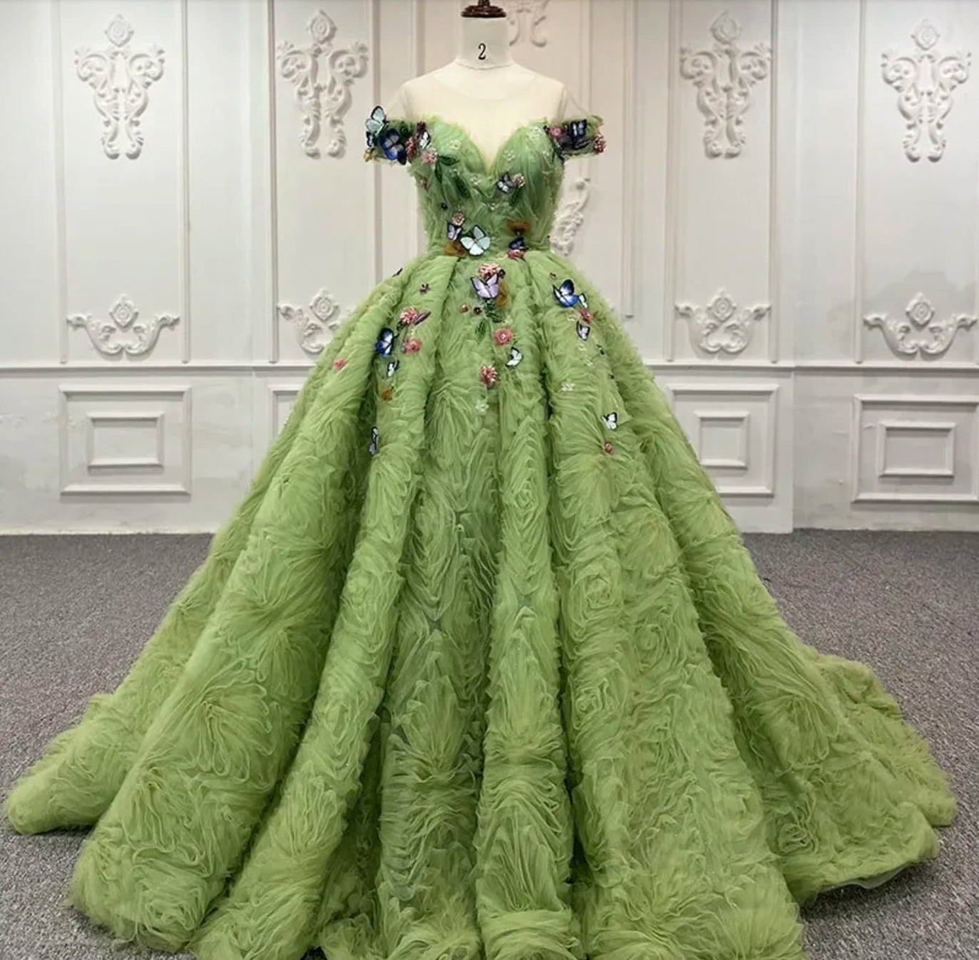 3D Butterfly And Flower Beaded Appliqué Green Ruched Organza Quinceañera Bat Mitzvah Special Occasion Gala Event Gown With Lace Enclosure