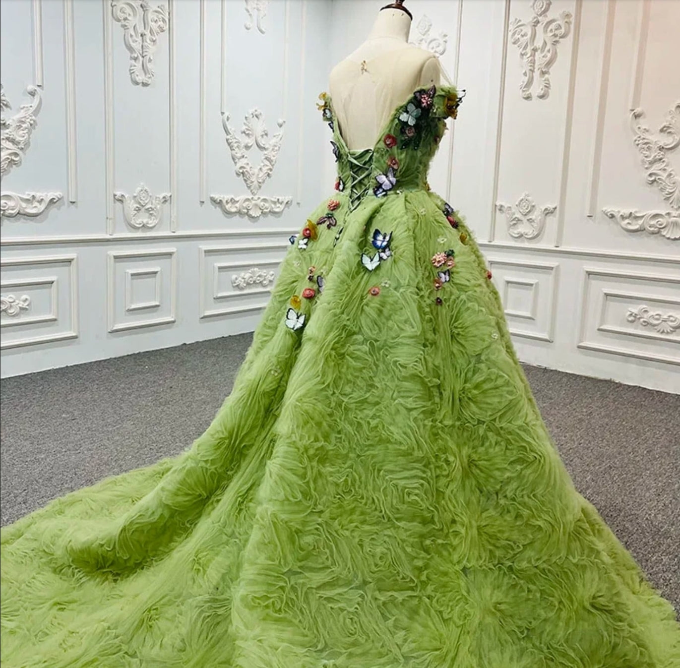 3D Butterfly And Flower Beaded Appliqué Green Ruched Organza Quinceañera Bat Mitzvah Special Occasion Gala Event Gown With Lace Enclosure