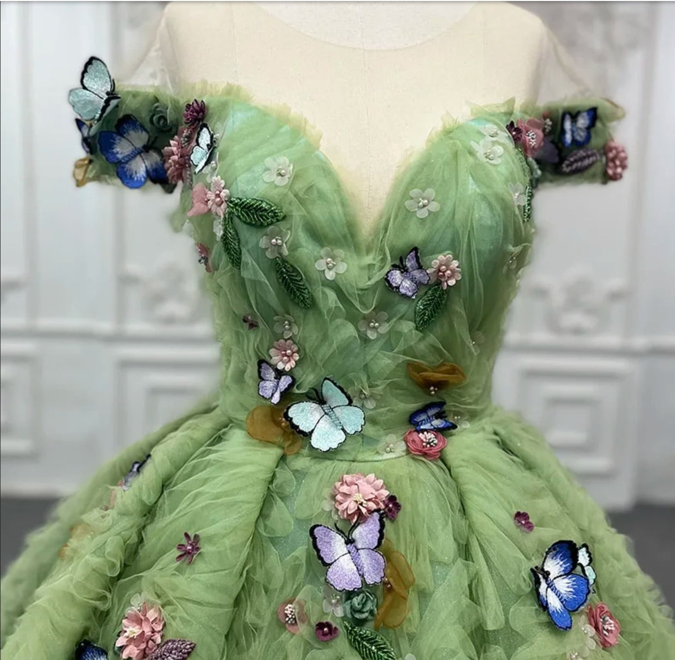 3D Butterfly And Flower Beaded Appliqué Green Ruched Organza Quinceañera Bat Mitzvah Special Occasion Gala Event Gown With Lace Enclosure