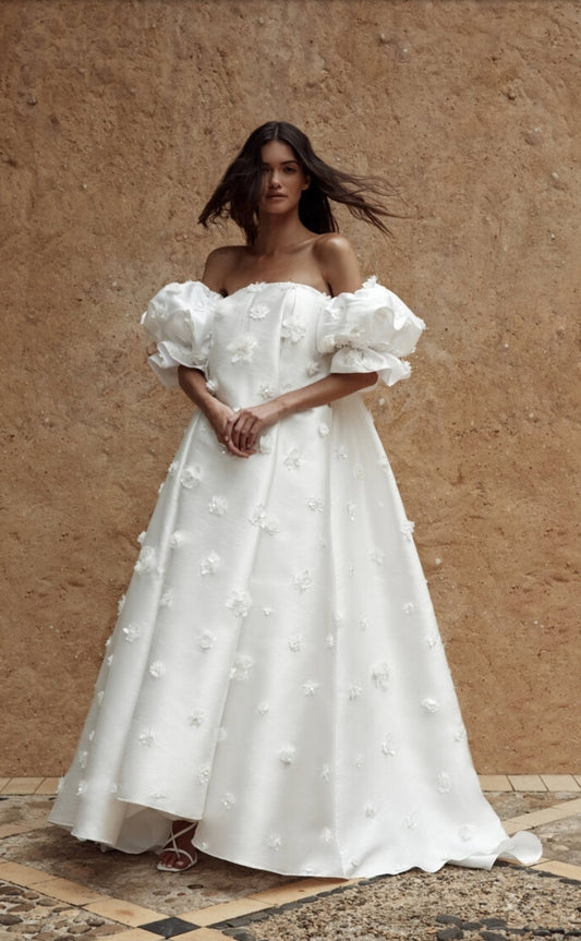 3D Floral Appliqués Gown With Detached Matching Puff Sleeves