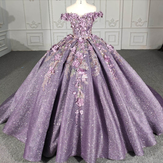 3D Floral Beaded Sweetheart Lavender Off The Shoulder Shimmering Lace Up Enclosure Quinceañera Special Occasion Event Pageant Ball Gown