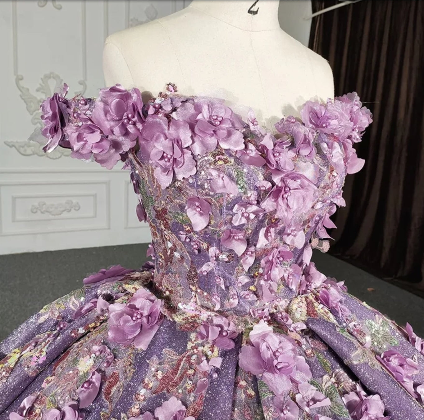 3D Floral Beaded Sweetheart Lavender Off The Shoulder Shimmering Lace Up Enclosure Quinceañera Special Occasion Event Pageant Ball Gown